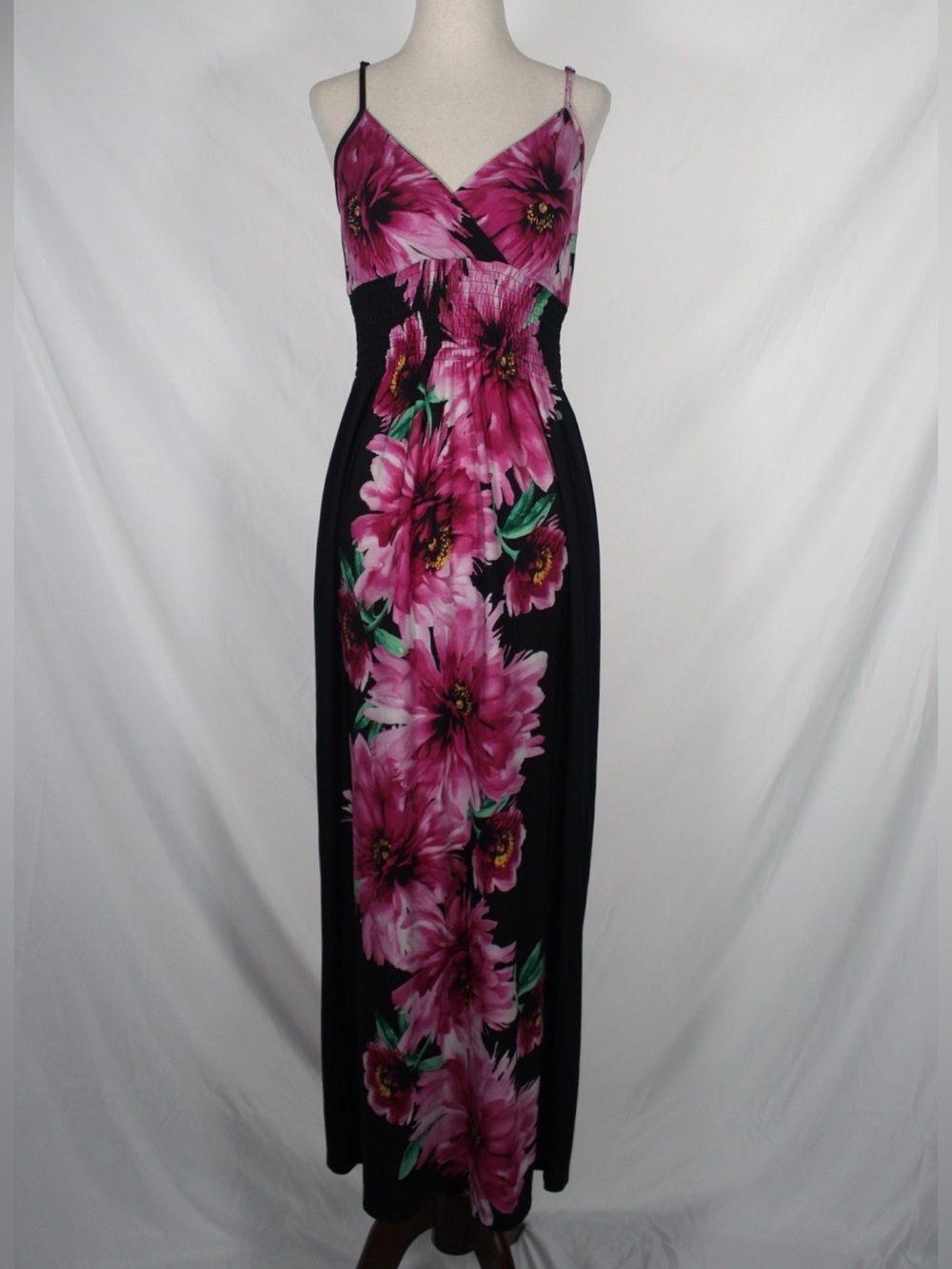y2k 2000s Emma & Michele Black Maxi Dress with Pink & Green Floral Panel